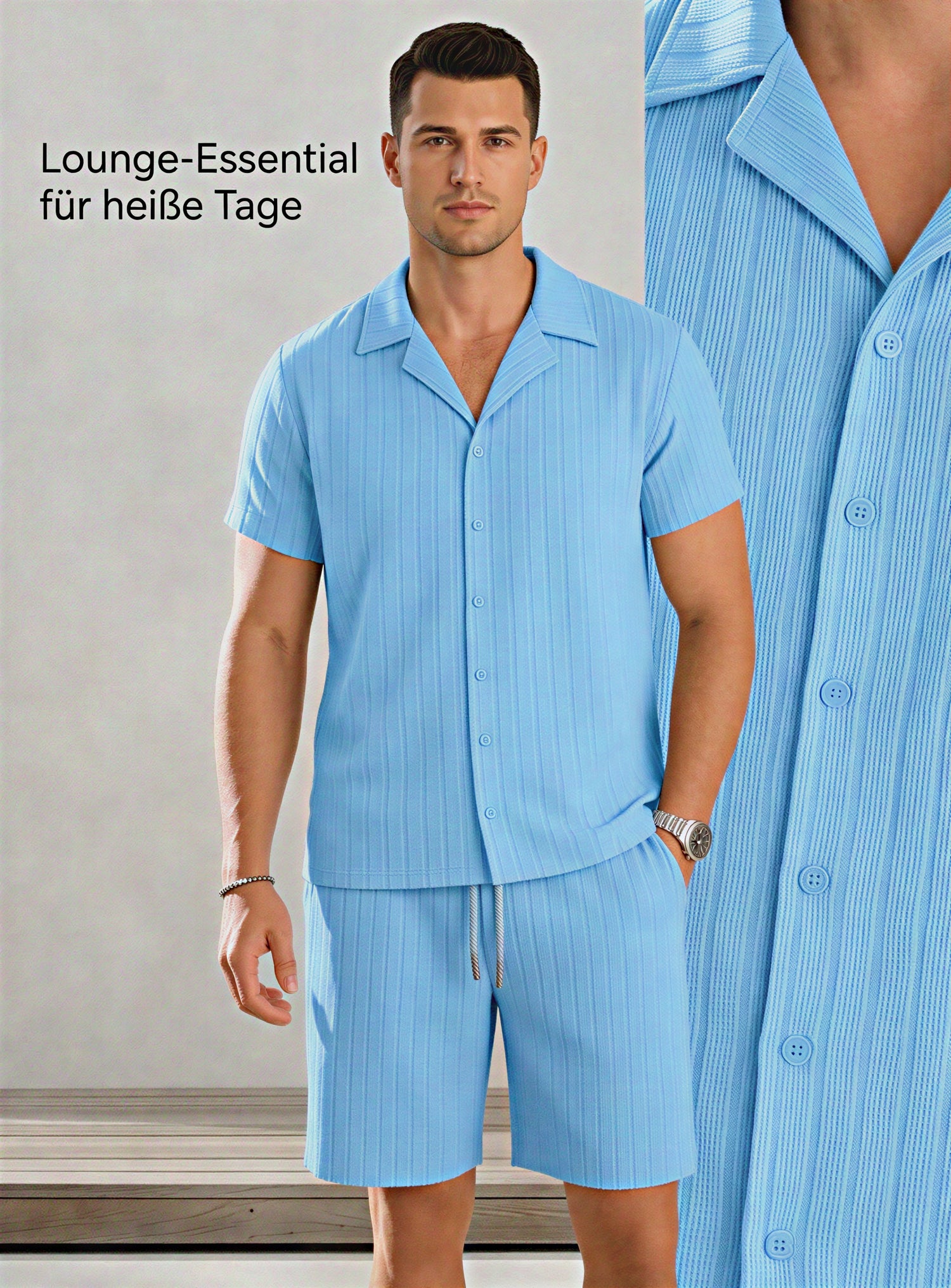 Light beige Riviera linen resort set by CheapSeasons, featuring a relaxed fit with a V-neck top and matching wide-leg pants.