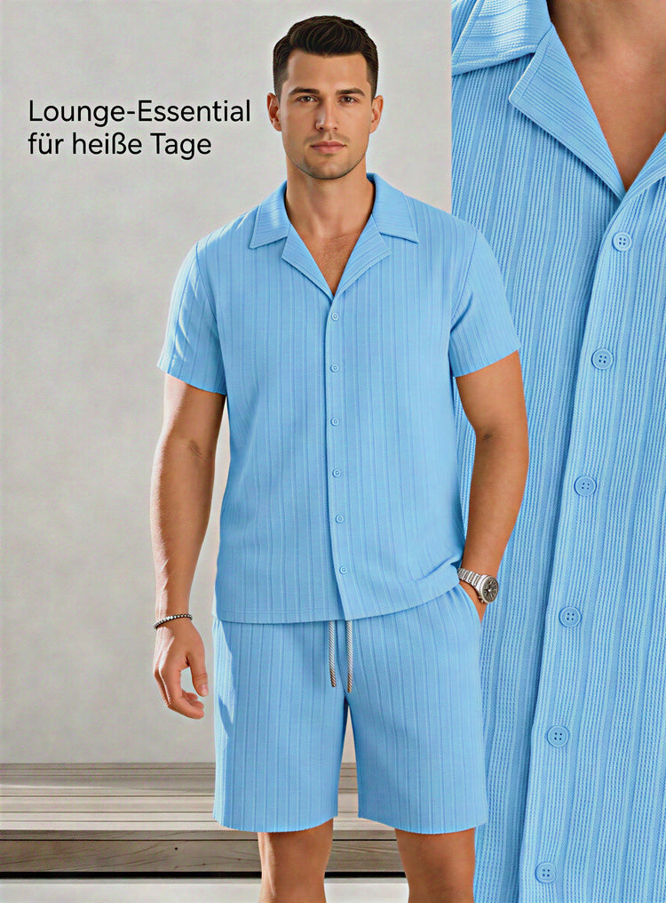 Light beige Riviera linen resort set by CheapSeasons, featuring a relaxed fit with a V-neck top and matching wide-leg pants.
