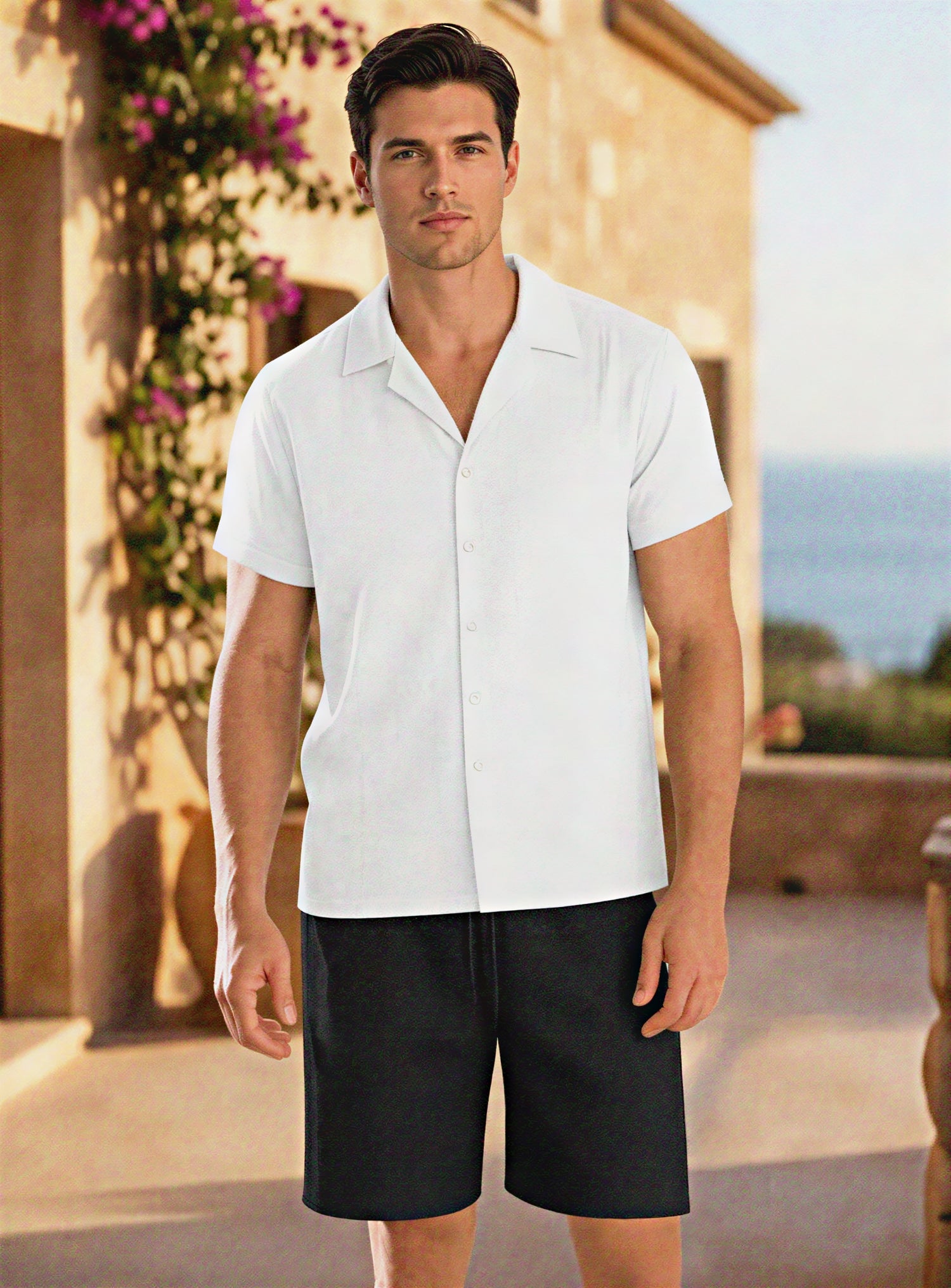Light-colored Riviera linen resort set by CheapSeasons, featuring a relaxed fit and casual summer style, shown on a model.