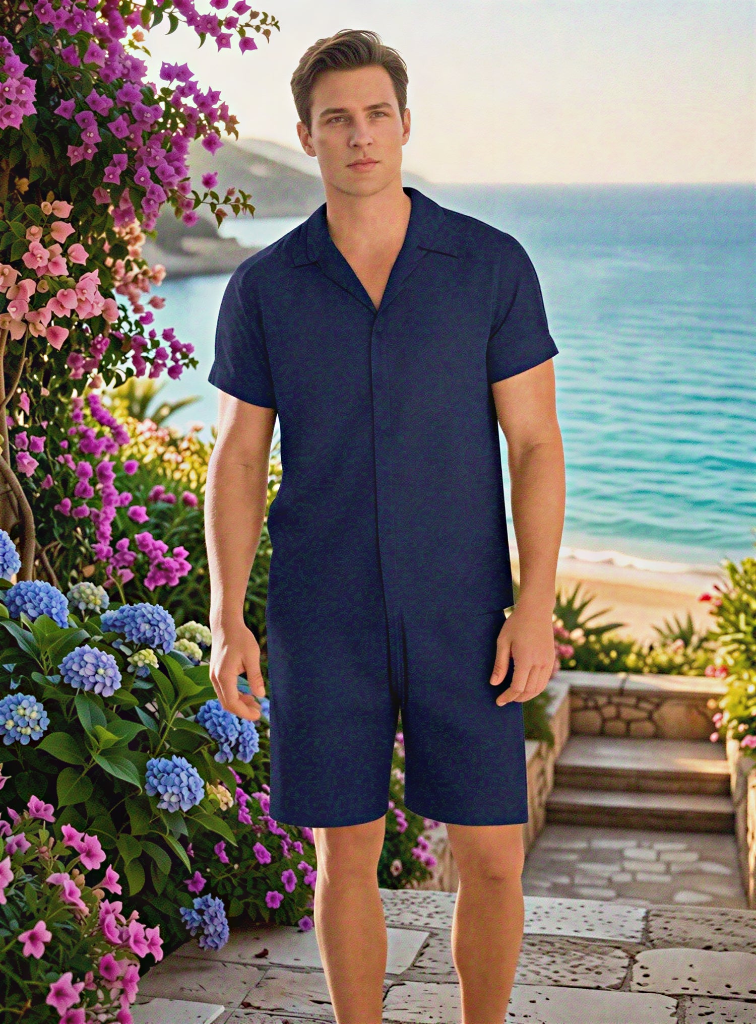 Light-colored Riviera linen resort set by CheapSeasons, shown on a model, perfect for summer vacation or beachwear.