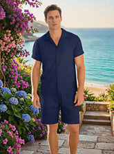 Light-colored Riviera linen resort set by CheapSeasons, shown on a model, perfect for summer vacation or beachwear.